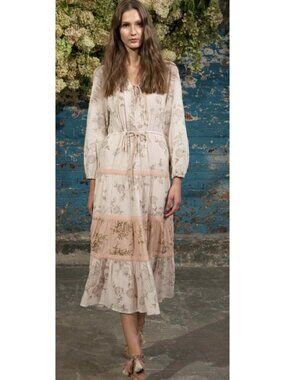 Ulla Johnson Sz 4 Floral Cotton Tiered Midi Dress Long Sleeve Tie Waist Cream